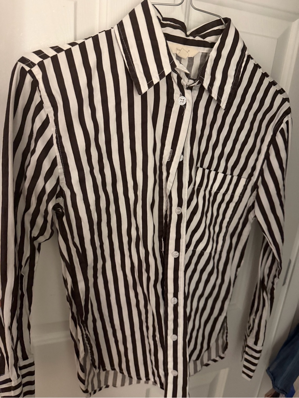Women’s Brown and White Vertical Stripe Button-Up Shirt